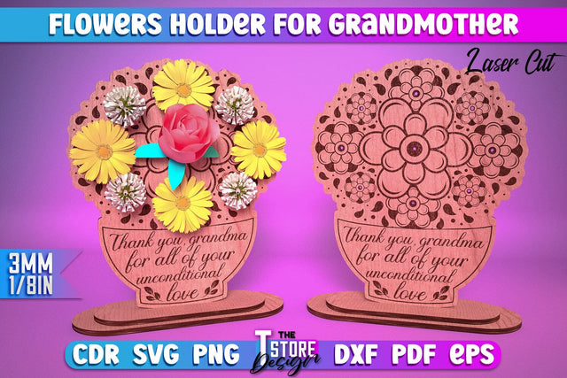 Flowers Holder for Grandmother Laser Cut | Grandmother Gift Design | CNC Files SVG The T Store Design 