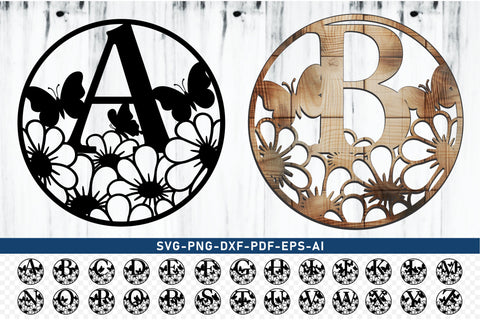 Flowers Monogram Alphabet Letters Set A-Z SVG Designs Bundle, Round Floral Monogram Font SVG Laser Cut Files, Round Keychain Monogram Letter SVG, PNG, Cricut Design SVG D2PUTRI Designs 