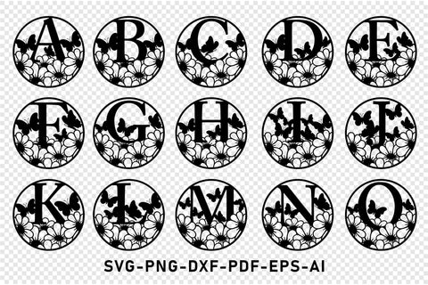 Flowers Monogram Alphabet Letters Set A-Z SVG Designs Bundle, Round Floral Monogram Font SVG Laser Cut Files, Round Keychain Monogram Letter SVG, PNG, Cricut Design SVG D2PUTRI Designs 