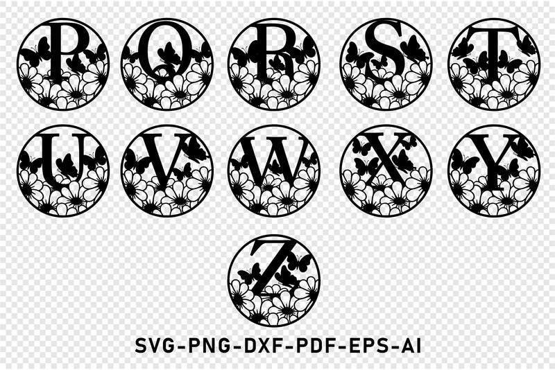 Flowers Monogram Alphabet Letters Set A-Z SVG Designs Bundle, Round ...