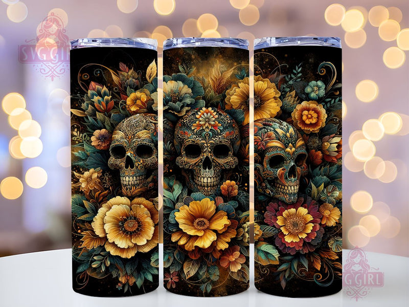 Flowers Skulls 20oz Tumbler Wrap Sublimation Design, Straight Tapered Tumbler Wrap, Day Of The Dead Tumbler Png, Instant Digital Download Sublimation SvggirlplusArt 