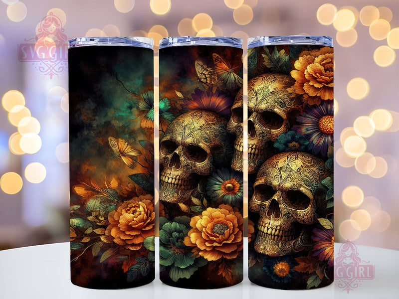 Flowers Skulls 20oz Tumbler Wrap Sublimation Design, Straight Tapered Tumbler Wrap, Day Of The Dead Tumbler Png, Instant Digital Download Sublimation SvggirlplusArt 