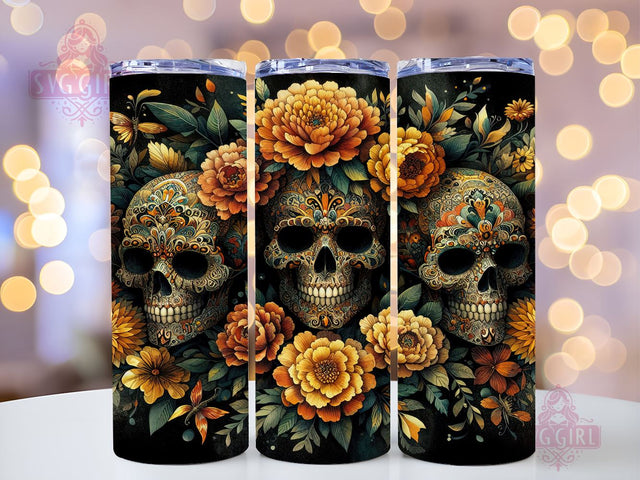 Flowers Skulls 20oz Tumbler Wrap Sublimation Design, Straight Tapered Tumbler Wrap, Day Of The Dead Tumbler Png, Instant Digital Download Sublimation SvggirlplusArt 