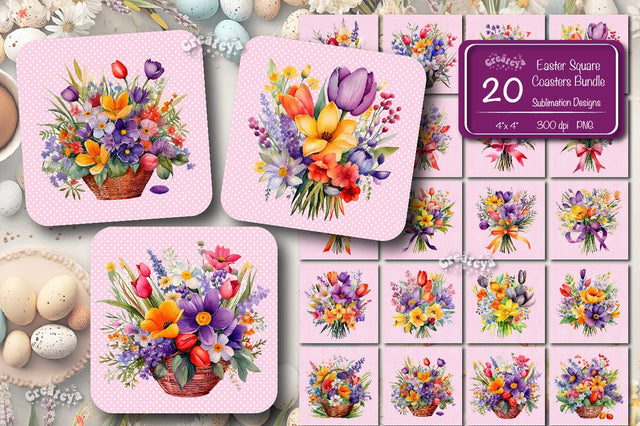 Flowers square coaster Bundle Square Spring coaster Sublimation coaster design Watercolor flowers Square keychain Sublimation Createya Design 
