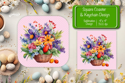 Flowers square coaster Square spring coaster Sublimation coaster design Watercolor flowers Square keychain Sublimation Createya Design 