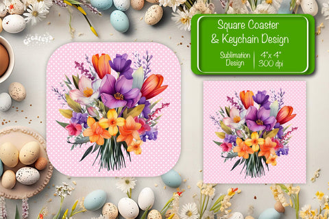 Flowers square coaster Square spring coaster Sublimation coaster design Watercolor flowers Square keychain Sublimation Createya Design 