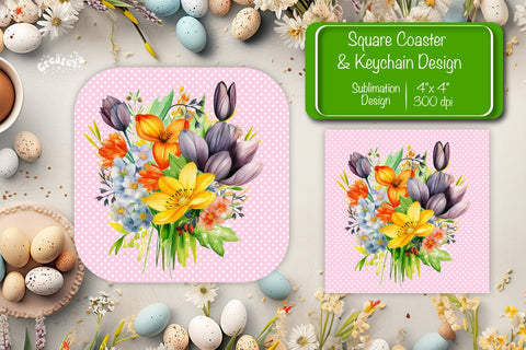 Flowers square coaster Square spring coaster Sublimation coaster design Watercolor flowers Square keychain Sublimation Createya Design 
