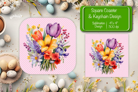 Flowers square coaster Square spring coaster Sublimation coaster design Watercolor flowers Square keychain Sublimation Createya Design 