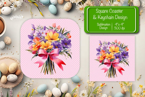 Flowers square coaster Square spring coaster Sublimation coaster design Watercolor flowers Square keychain Sublimation Createya Design 