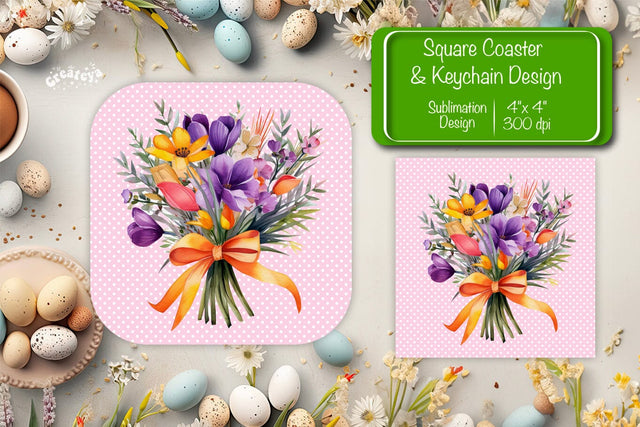 Flowers square coaster Square spring coaster Sublimation coaster design Watercolor flowers Square keychain Sublimation Createya Design 
