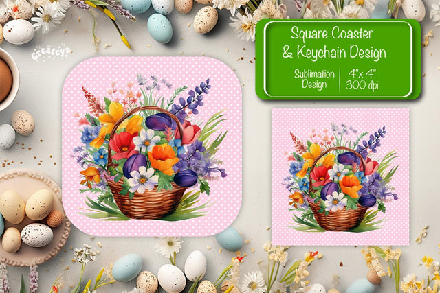 Flowers square coaster Square spring coaster Sublimation coaster design Watercolor flowers Square keychain Sublimation Createya Design 