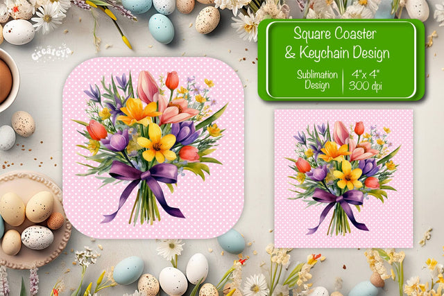 Flowers square coaster Square spring coaster Sublimation coaster design Watercolor flowers Square keychain Sublimation Createya Design 