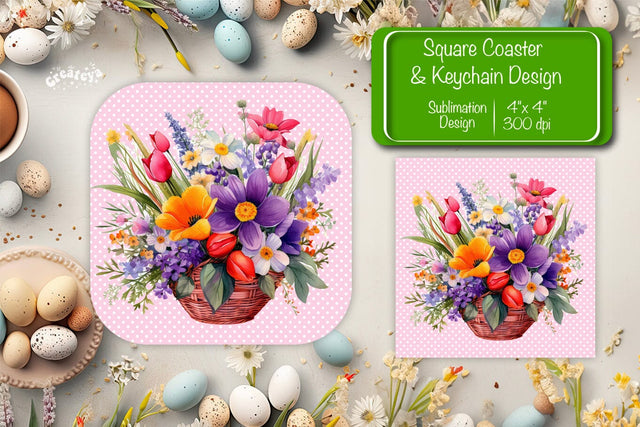 Flowers square coaster Square spring coaster Sublimation coaster design Watercolor flowers Square keychain Sublimation Createya Design 