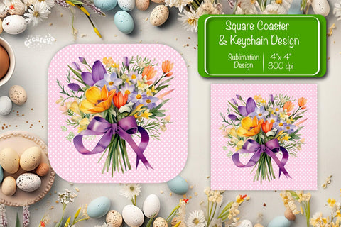 Flowers square coaster Square spring coaster Sublimation coaster design Watercolor flowers Square keychain Sublimation Createya Design 