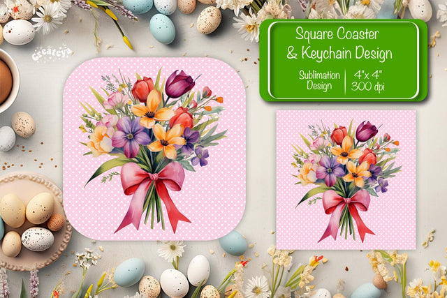 Flowers square coaster Square spring coaster Sublimation coaster design Watercolor flowers Square keychain Sublimation Createya Design 