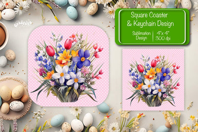 Flowers square coaster Square spring coaster Sublimation coaster design Watercolor flowers Square keychain Sublimation Createya Design 