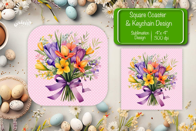 Flowers square coaster Square spring coaster Sublimation coaster design Watercolor flowers Square keychain Sublimation Createya Design 