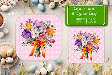 Flowers square coaster Square spring coaster Sublimation coaster design Watercolor flowers Square keychain Sublimation Createya Design 