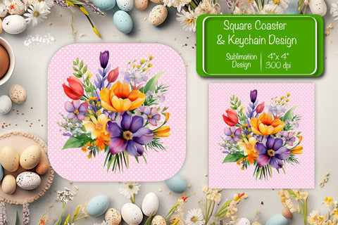 Flowers square coaster Square spring coaster Sublimation coaster design Watercolor flowers Square keychain Sublimation Createya Design 