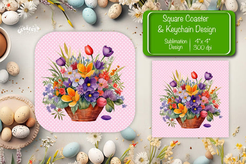 Flowers square coaster Square spring coaster Sublimation coaster design Watercolor flowers Square keychain Sublimation Createya Design 