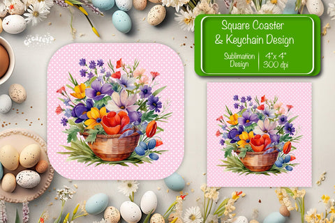 Flowers square coaster Square spring coaster Sublimation coaster design Watercolor flowers Square keychain Sublimation Createya Design 