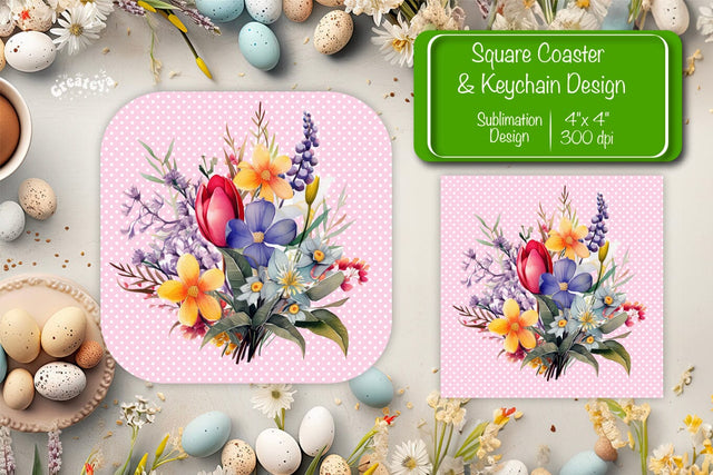 Flowers square coaster Square spring coaster Sublimation coaster design Watercolor flowers Square keychain Sublimation Createya Design 