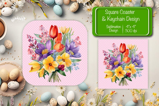 Flowers square coaster Square spring coaster Sublimation coaster design Watercolor flowers Square keychain Sublimation Createya Design 