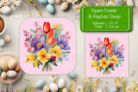 Flowers square coaster Square spring coaster Sublimation coaster design Watercolor flowers Square keychain Sublimation Createya Design 