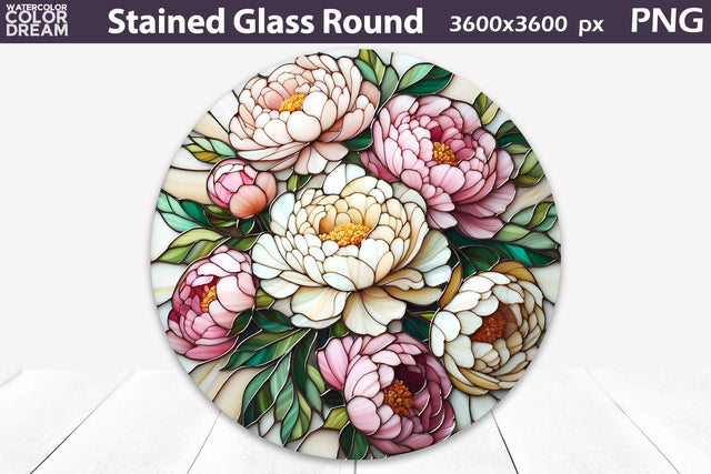 Flowers Stained Glass Round | Peonies Stained Glass Sublimation Sublimation WatercolorColorDream 