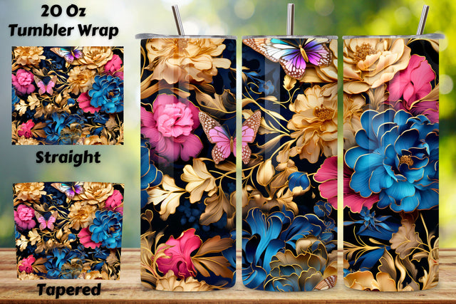 Flowers Tumbler Wrap, alcohol ink butterflies, Golden png, 3D Flowers Butterflies Tumbler Wrap, alcohol ink butterflies Sublimation FloridPrintables 