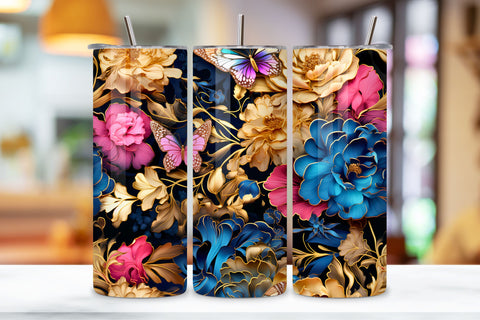 Flowers Tumbler Wrap, alcohol ink butterflies, Golden png, 3D Flowers Butterflies Tumbler Wrap, alcohol ink butterflies Sublimation FloridPrintables 