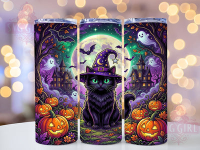 Fluffy Black Cat Witch Moon 20oz Tumbler, Fluffy Cat Motif, Black Cat Design, Witch Hat Accent, Moonlit Scene, Halloween Theme, Sublimation Wrap, 20oz Tumbler Sublimation SvggirlplusArt 