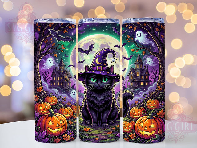 Fluffy Black Cat Witch Moon 20oz Tumbler, Fluffy Cat Motif, Black Cat Design, Witch Hat Accent, Moonlit Scene, Halloween Theme, Sublimation Wrap, 20oz Tumbler Sublimation SvggirlplusArt 