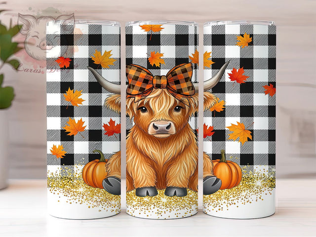 Fluffy Fall Highland Cow Tumbler Wrap, Fall Cow Png, 20oz Skinny Tumbler, Sublimation Download, Farmhouse Tumbler, Fluffy Cow Tumbler, Autumn Pumpkin Tumbler Sublimation Lara' s Designs 