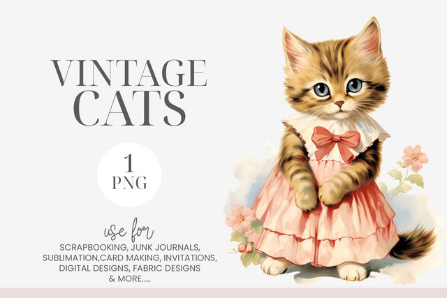 Fluffy Girl Tabby Kitten Vintage Clipart PNG Sublimation BijouBay 