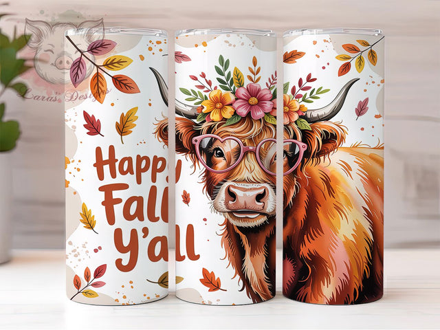 Fluffy Highland Cow Fall Tumbler Wrap, Happy Fall Yall Png, 20oz Skinny Tumbler, Sublimation Download, Fall Cow Png, Farmhouse Tumbler, Fluffy Cow Tumbler Sublimation Lara' s Designs 