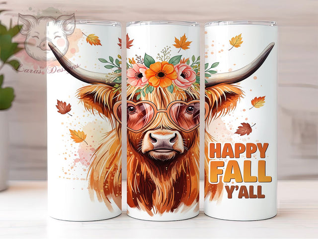 Fluffy Highland Cow Fall Tumbler Wrap, Happy Fall Yall Png, 20oz Skinny Tumbler, Sublimation Download, Fall Cow Png, Farmhouse Tumbler, Fluffy Cow Tumbler Sublimation Lara' s Designs 