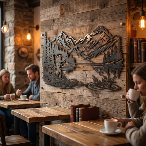 Fly Fishing Mountain Scene Laser SVG | Fisherman Metal Wall Art DXF | Lake Trout Plasma Cut File | Rustic Cabin Decor CNC Laser Cut Design SVG HappyDesignStudio 