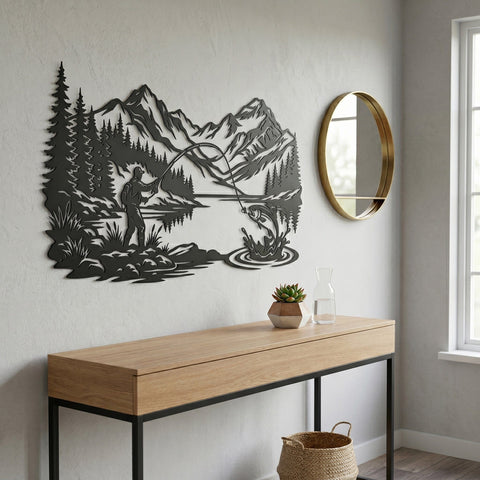 Fly Fishing Mountain Scene Laser SVG | Fisherman Metal Wall Art DXF | Lake Trout Plasma Cut File | Rustic Cabin Decor CNC Laser Cut Design SVG HappyDesignStudio 