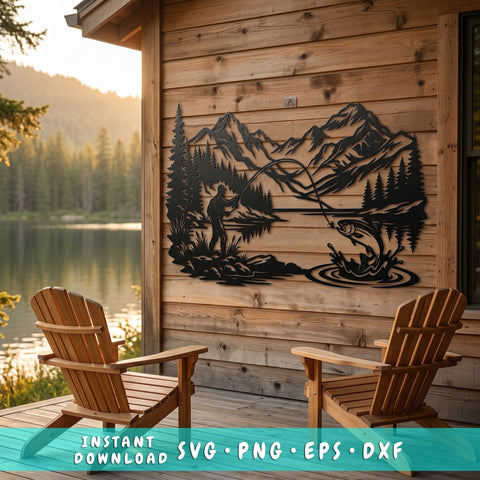 Fly Fishing Mountain Scene Laser SVG | Fisherman Metal Wall Art DXF | Lake Trout Plasma Cut File | Rustic Cabin Decor CNC Laser Cut Design SVG HappyDesignStudio 