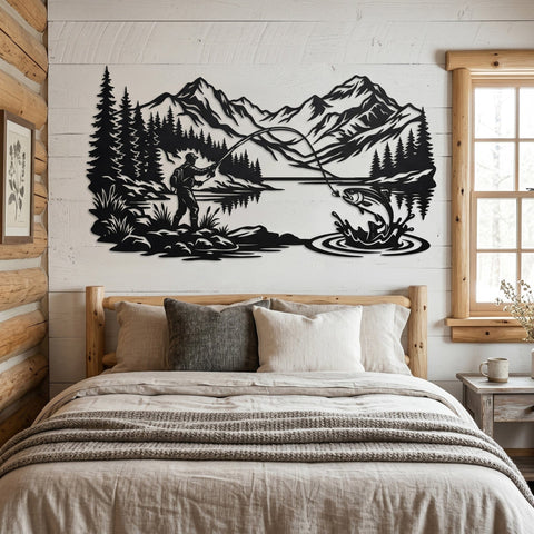 Fly Fishing Mountain Scene Laser SVG | Fisherman Metal Wall Art DXF | Lake Trout Plasma Cut File | Rustic Cabin Decor CNC Laser Cut Design SVG HappyDesignStudio 