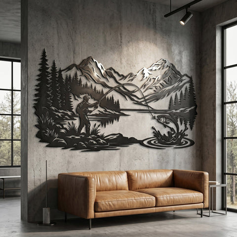 Fly Fishing Mountain Scene Laser SVG | Fisherman Metal Wall Art DXF | Lake Trout Plasma Cut File | Rustic Cabin Decor CNC Laser Cut Design SVG HappyDesignStudio 