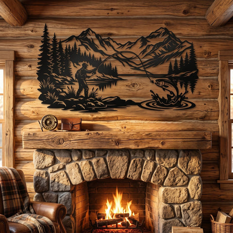 Fly Fishing Mountain Scene Laser SVG | Fisherman Metal Wall Art DXF | Lake Trout Plasma Cut File | Rustic Cabin Decor CNC Laser Cut Design SVG HappyDesignStudio 