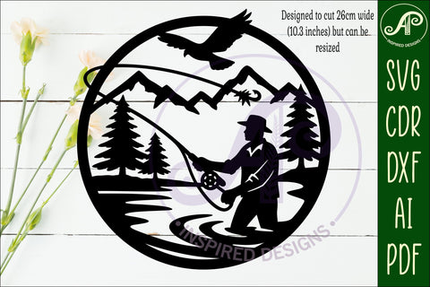 Fly fishing mountain scene wall sign svg laser cut SVG APInspireddesigns 