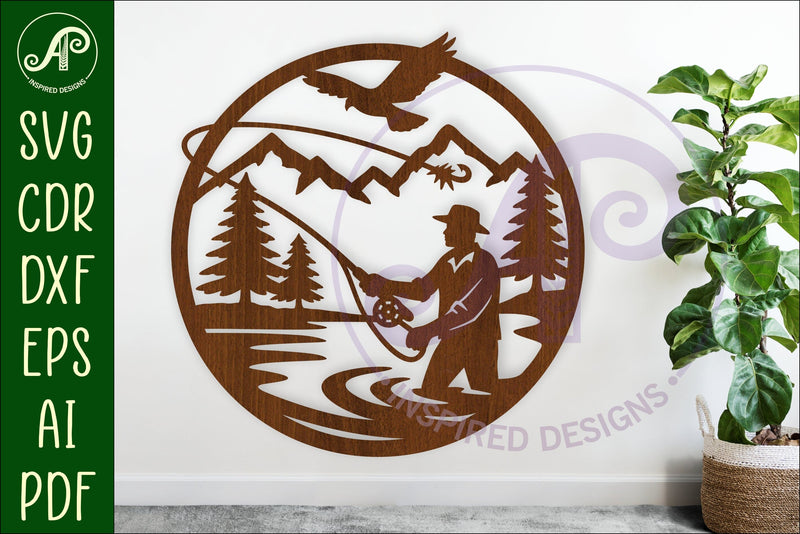 Fly fishing mountain scene wall sign svg laser cut SVG APInspireddesigns 