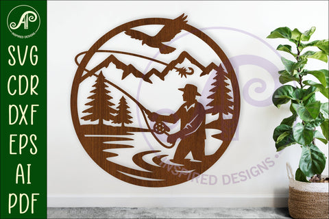 Fly fishing mountain scene wall sign svg laser cut SVG APInspireddesigns 