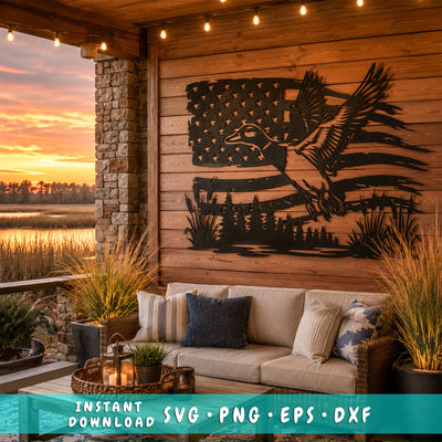 Flying Duck American Flag Laser SVG | Patriotic Duck Hunting Metal Wall Art DXF | Plasma CNC Laser Cut File | Patriotic Waterfowl Decor SVG HappyDesignStudio 