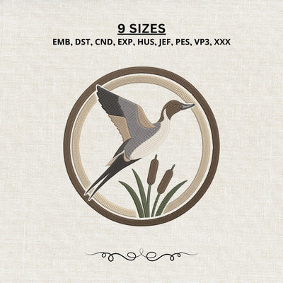 Flying Duck Embroidery Design – Mallard Duck Cattail Circle Hunting Wildlife Machine Embroidery File Embroidery/Applique DESIGNS PatternFeed8 