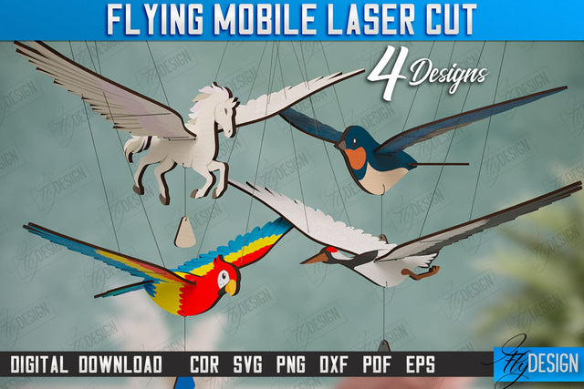 Flying Mobile Laser Cut Bundle | Baby Mobile | Birds Design | Baby Room Décor | New Born | CNC Files SVG Fly Design 