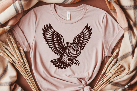 Flying Owl SVG Set 5 Wild Birds Vintage Tattoo Woodland Art SVG Tafti Art 